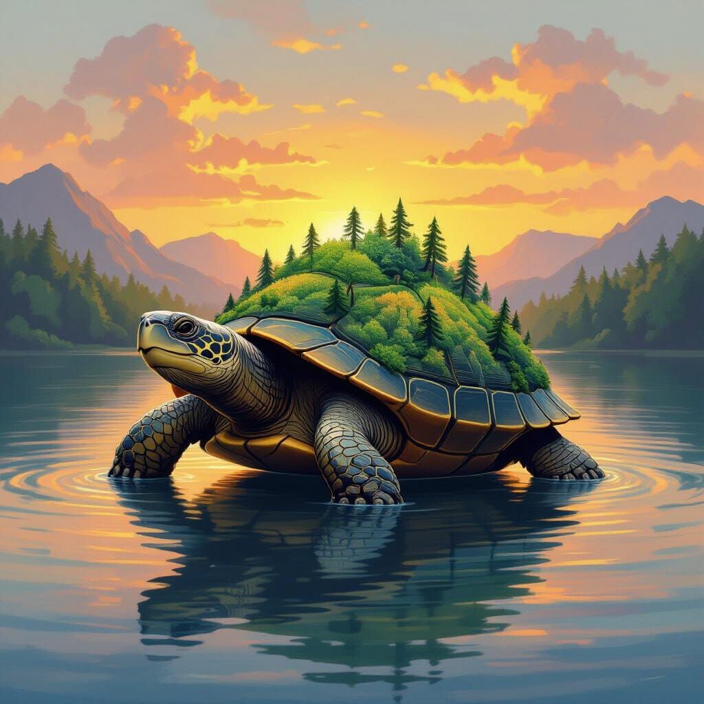 Giant Turtle Island: Forest Cloak in Dreamy Style