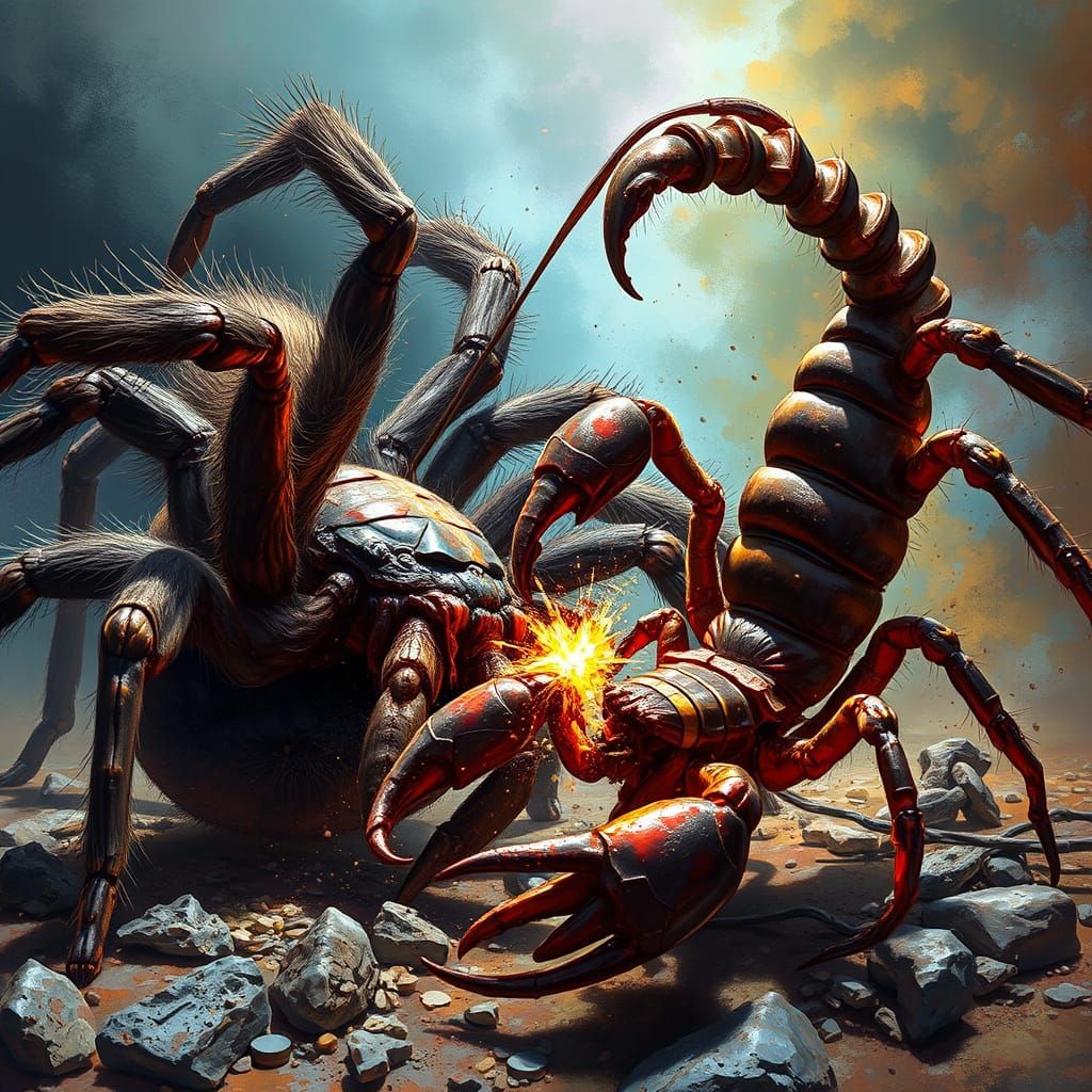 Tarantula and Scorpion Clash in Hyperrealistic Splash Art