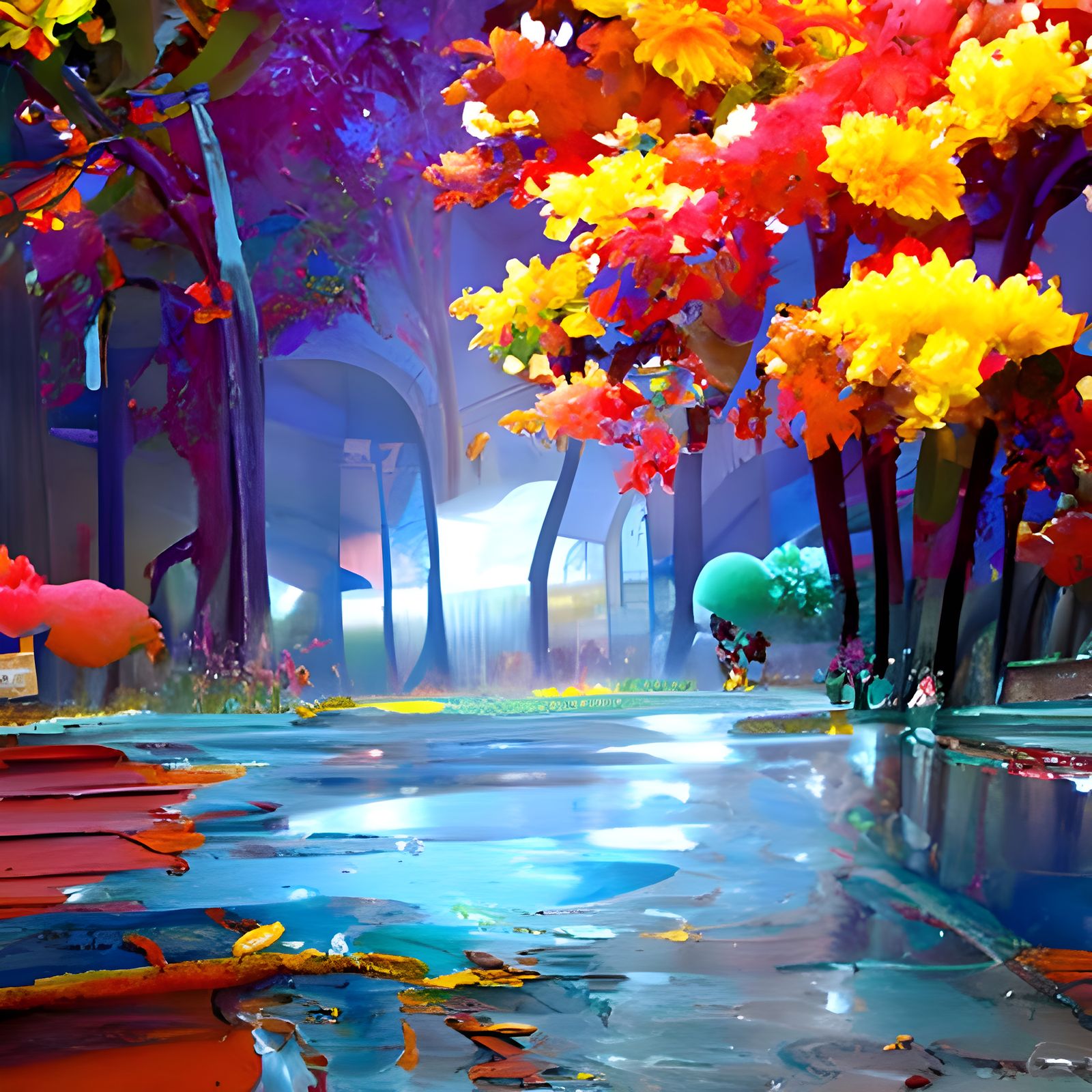 Autumn Rain Pokemon in Kinkade Style