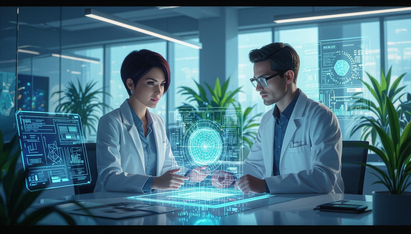 21st Century Office with Scientists and Quantum Tech