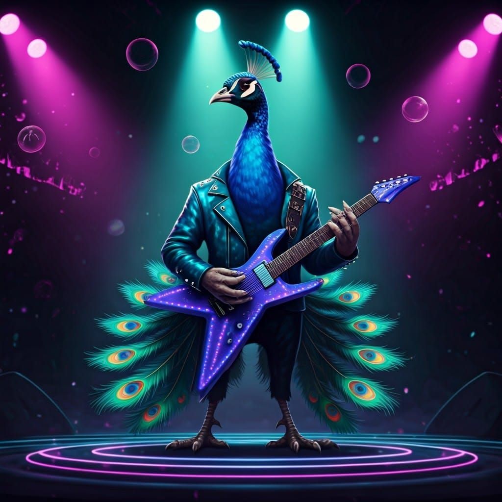 Electric Blue Rockstar Peacock Performs on Psychedelic Stage