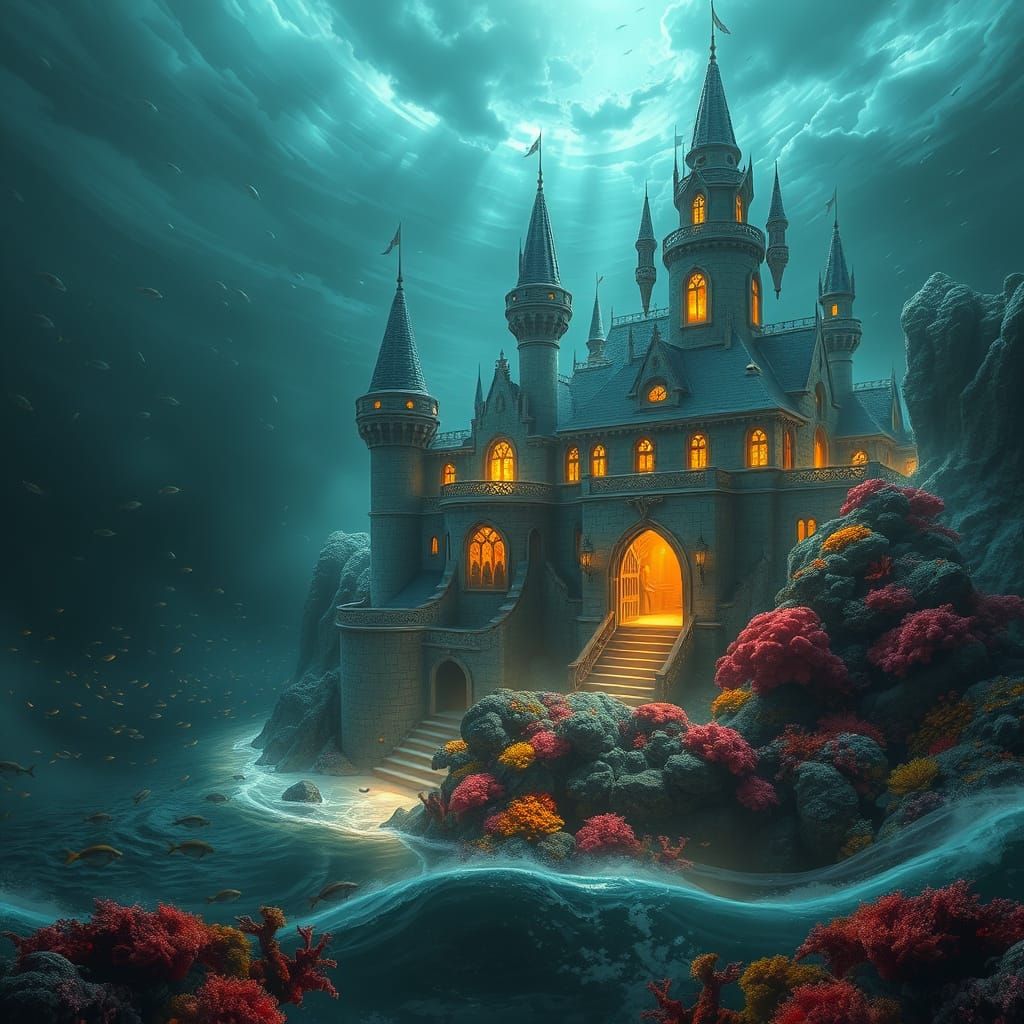 Mermaid Castle with Glowing Lights in Vast Ocean