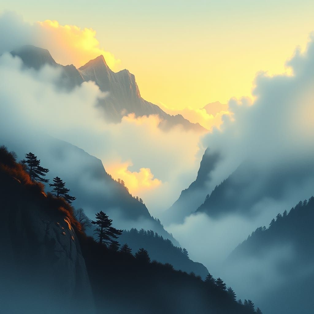Serene Mountain Pass at Dawn in Japanese Art Style