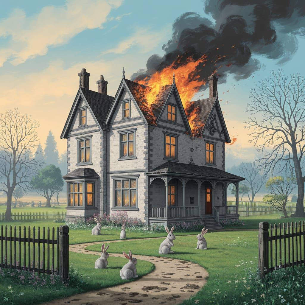 Rabbits Engulf Manor House in Surreal, Apocalyptic Landscape