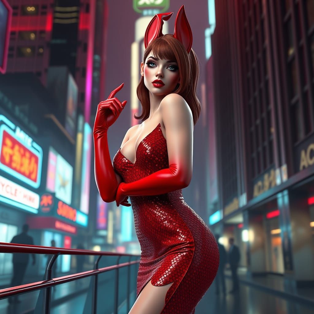 Jessica Rabbit in Neon Cityscape, 3D Anime Art