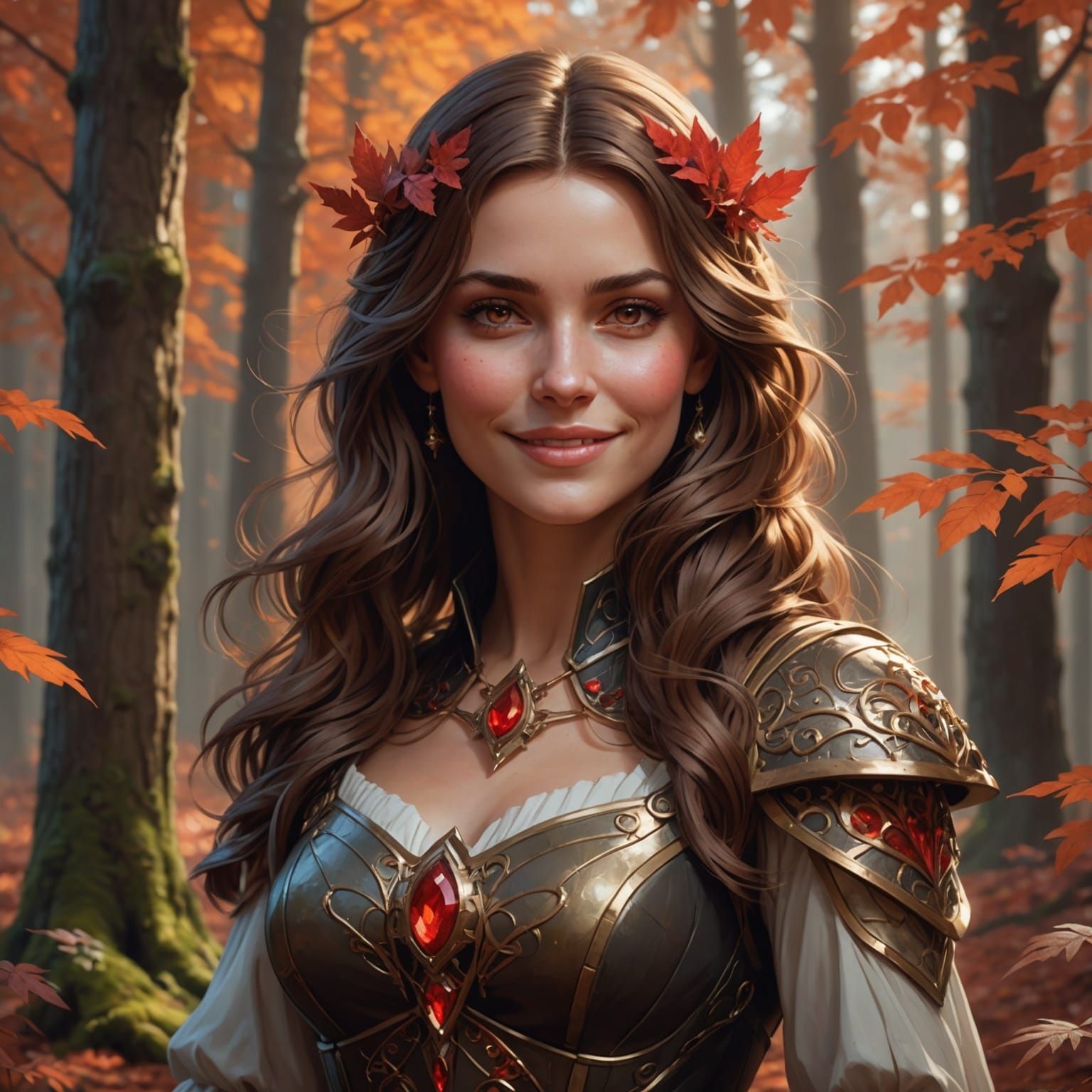 Red Eyed Woman Smiling in Brown Forest, Hyperdetailed Portra...