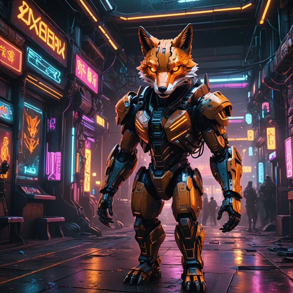 Cyberpunk Android Fox Guarding Neon Nightclub Entrance