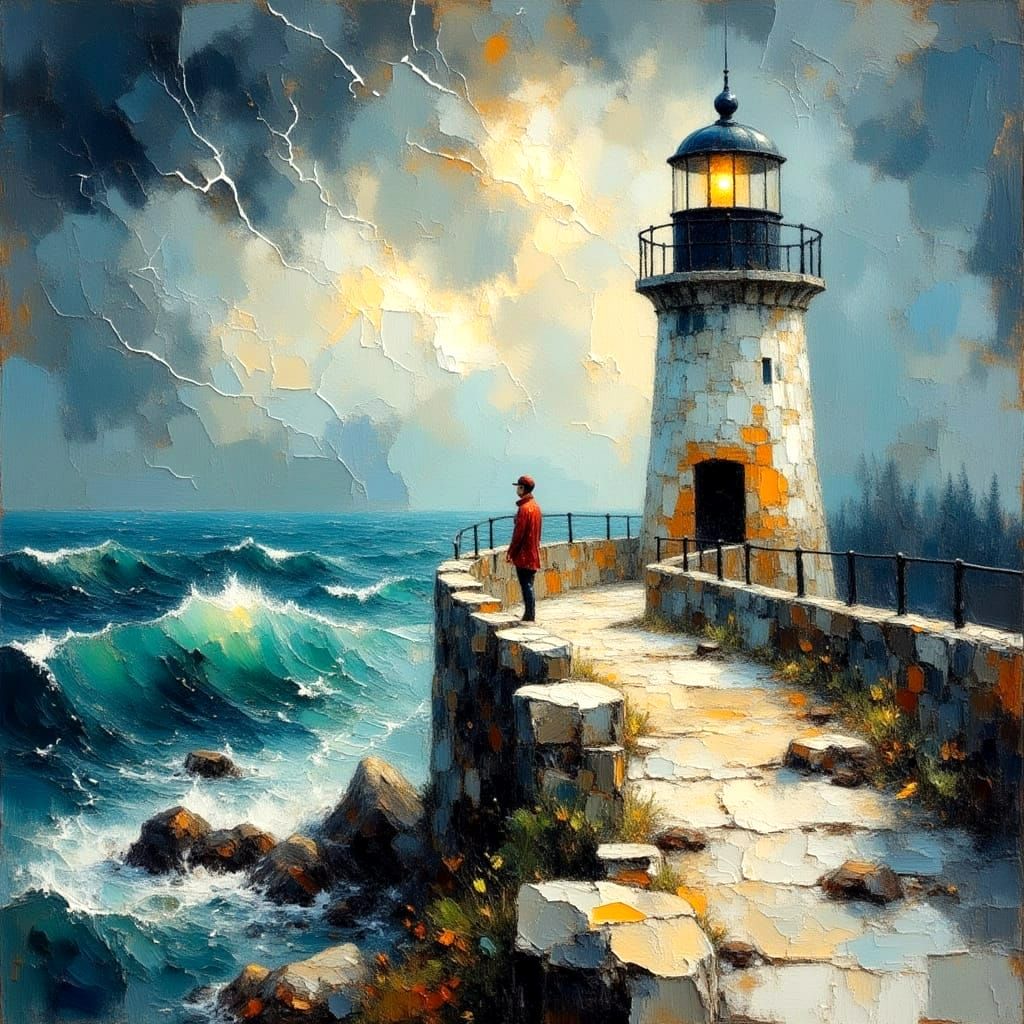 Lighthouse Keeper Gazing at Stormy Sea, Watercolor Style