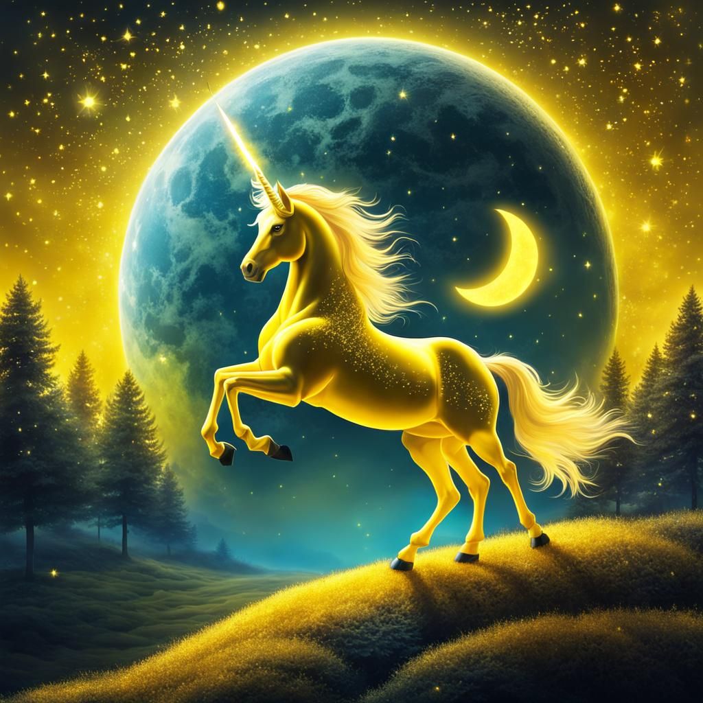 Gorgeous Unicorn Under Luminous Moon: Fantasy Art