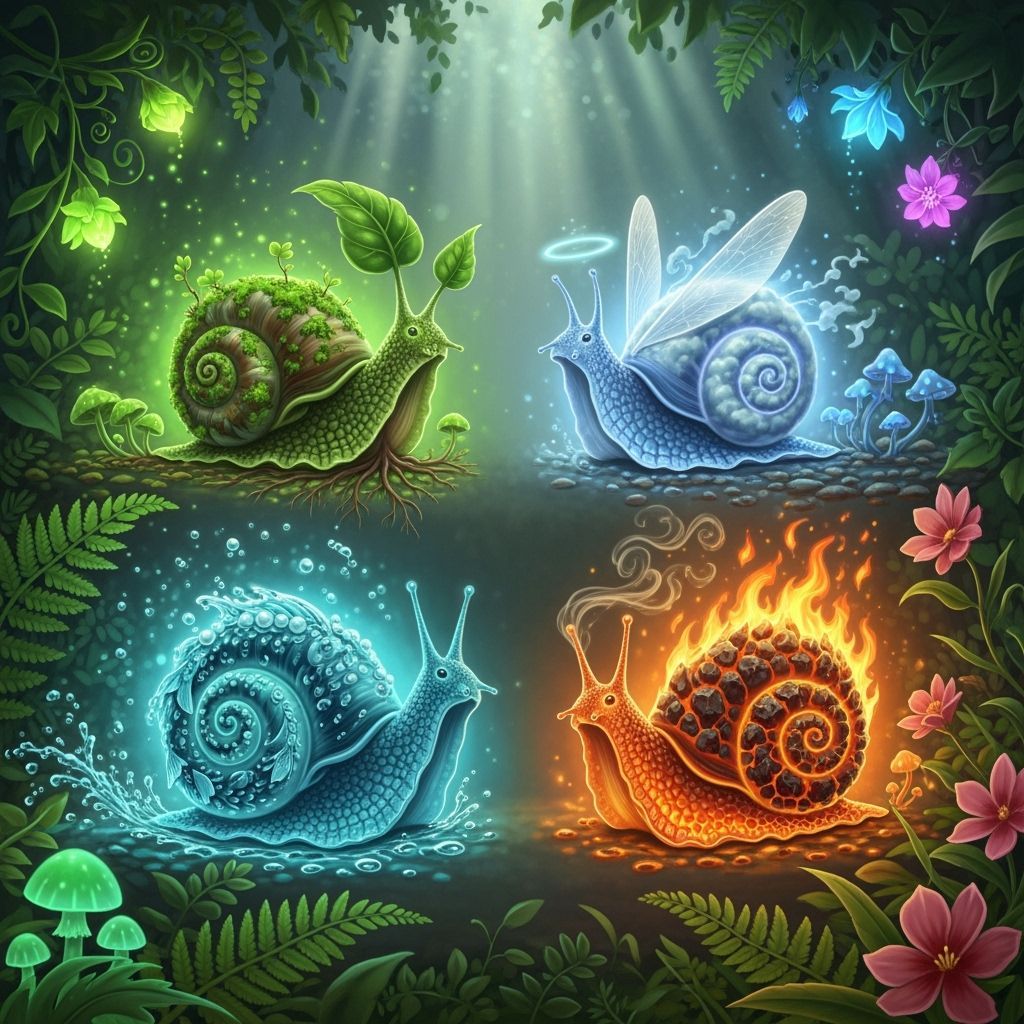 Elemental Snails Radiating Joy in Dreamlike Scene