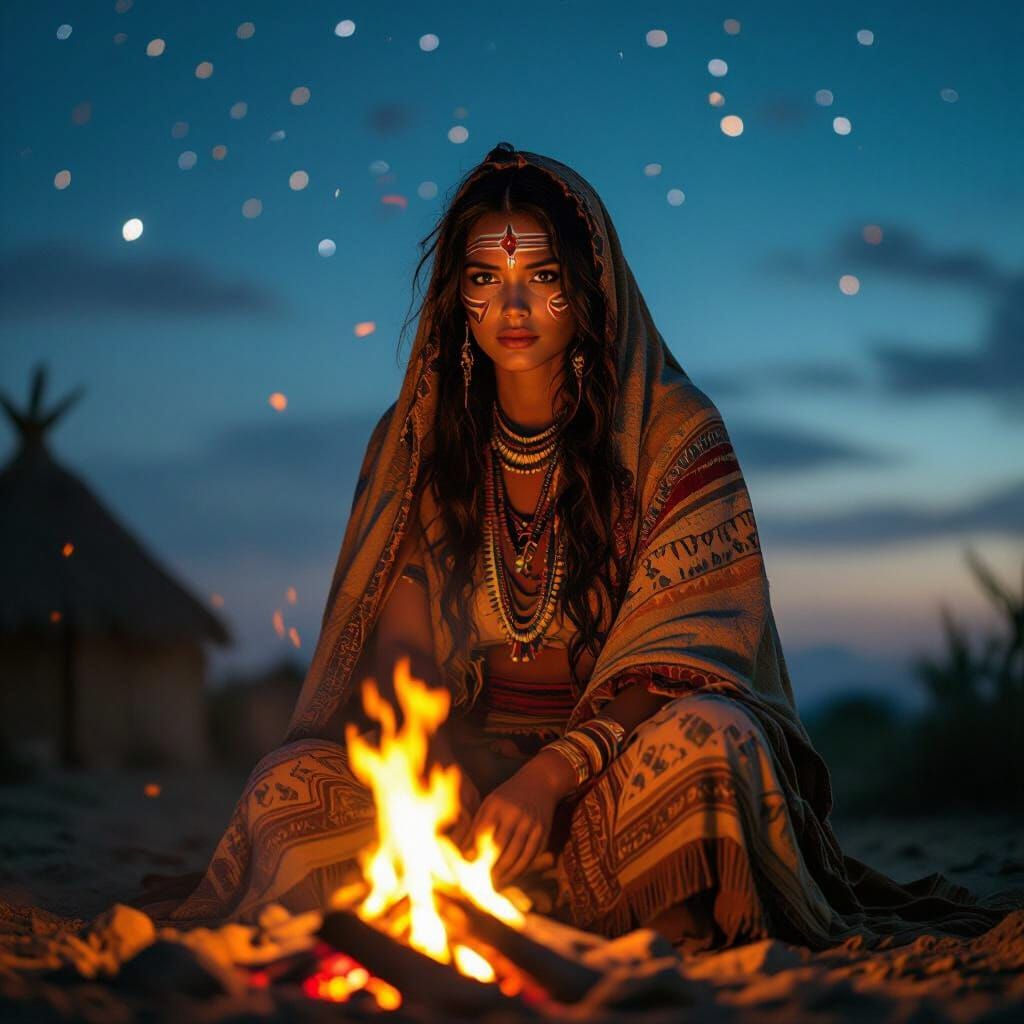 Tribal Woman by Fire Under Starry Sky