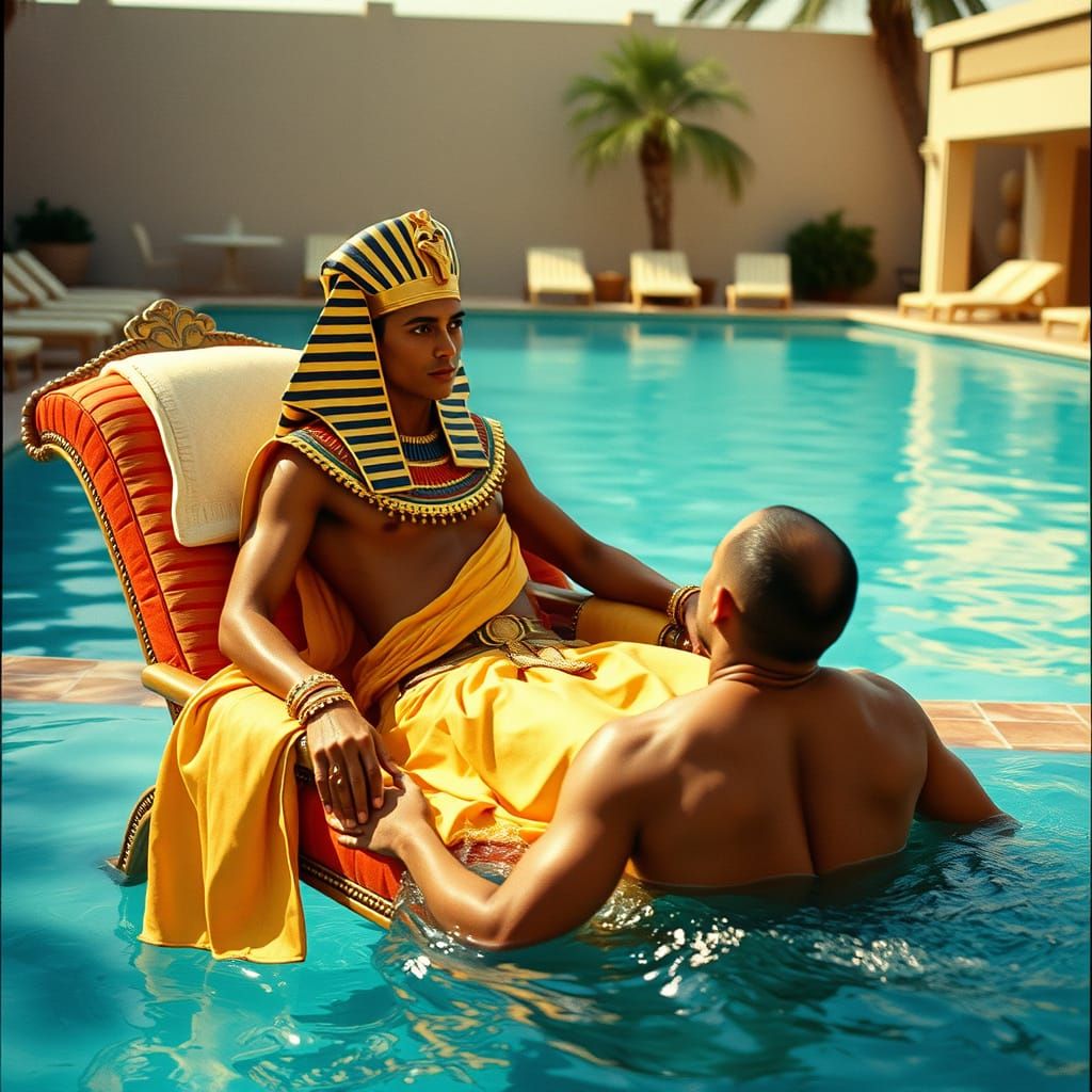 Egyptian Pharaoh Lounging Poolside in Vintage Film Style