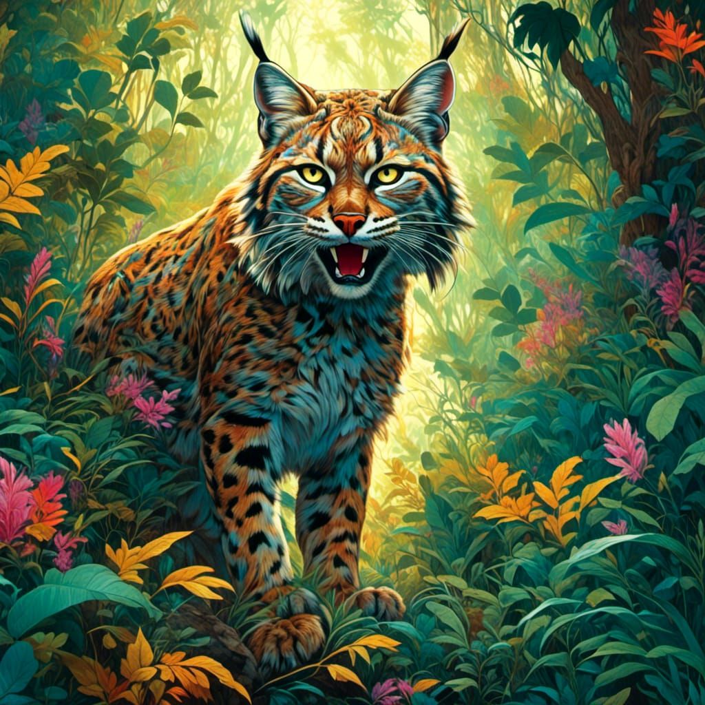 A Bobcat appearing from thick brush in the jungle, glowing eyes, showing teeth, hissing, shiny fur, psychedelic, halluci...