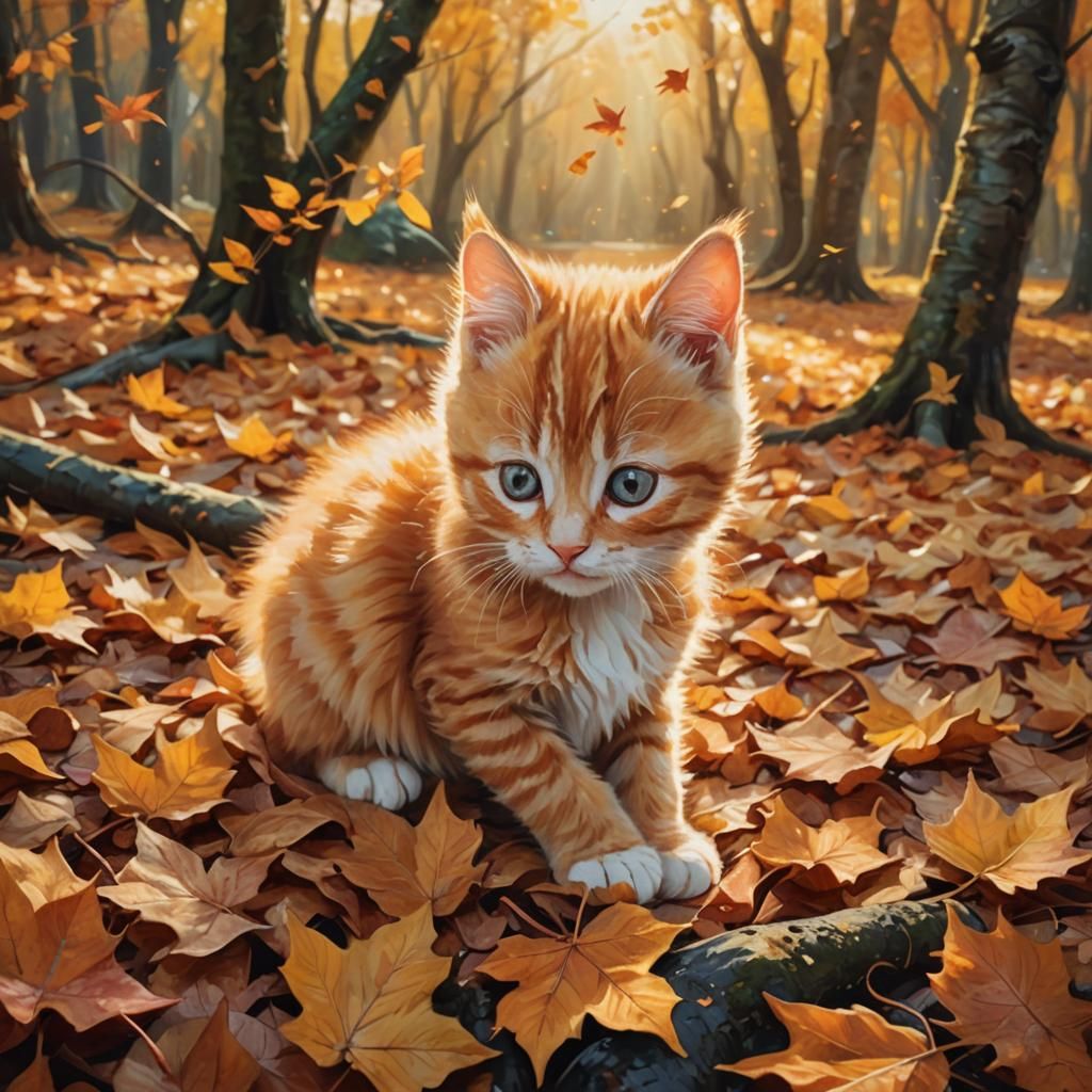 Ginger Kitten Playing in Autumn Leaves, Art Nouveau