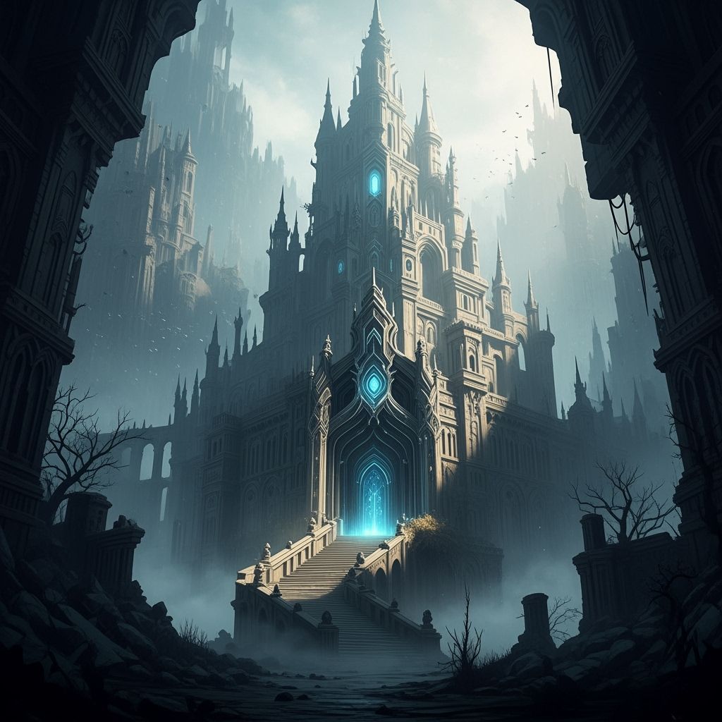 Mystical Castle Ruins with Glistening Spires