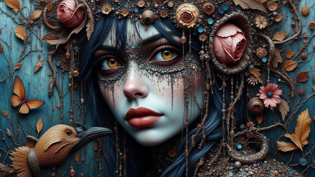 closeup portrait: dark whimsy Mosaic art folk-macabre female...