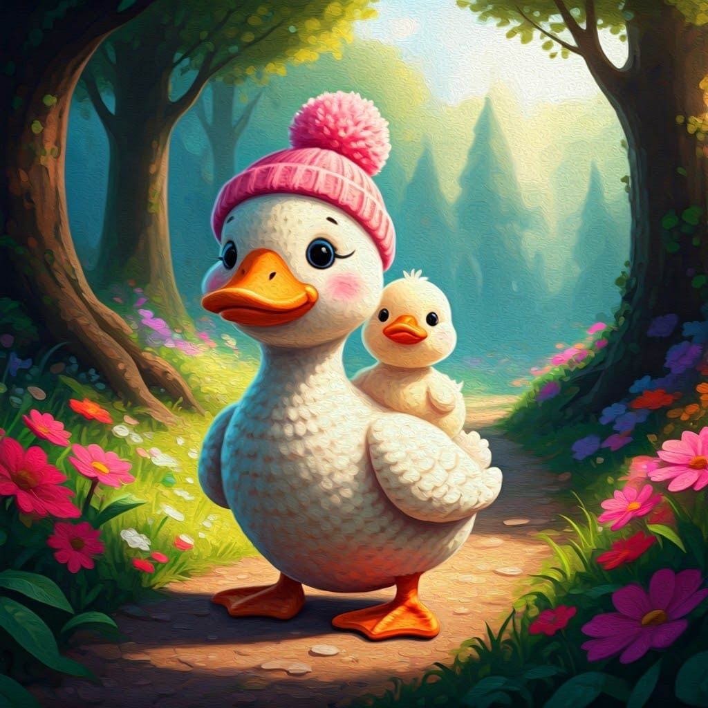 Amigurumi Mother Duck and Baby in Park Scene