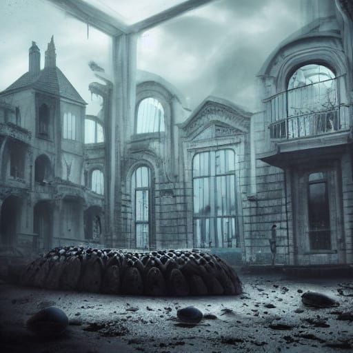 Goth Model in Urban Ruin with Giant Seashells and Waves