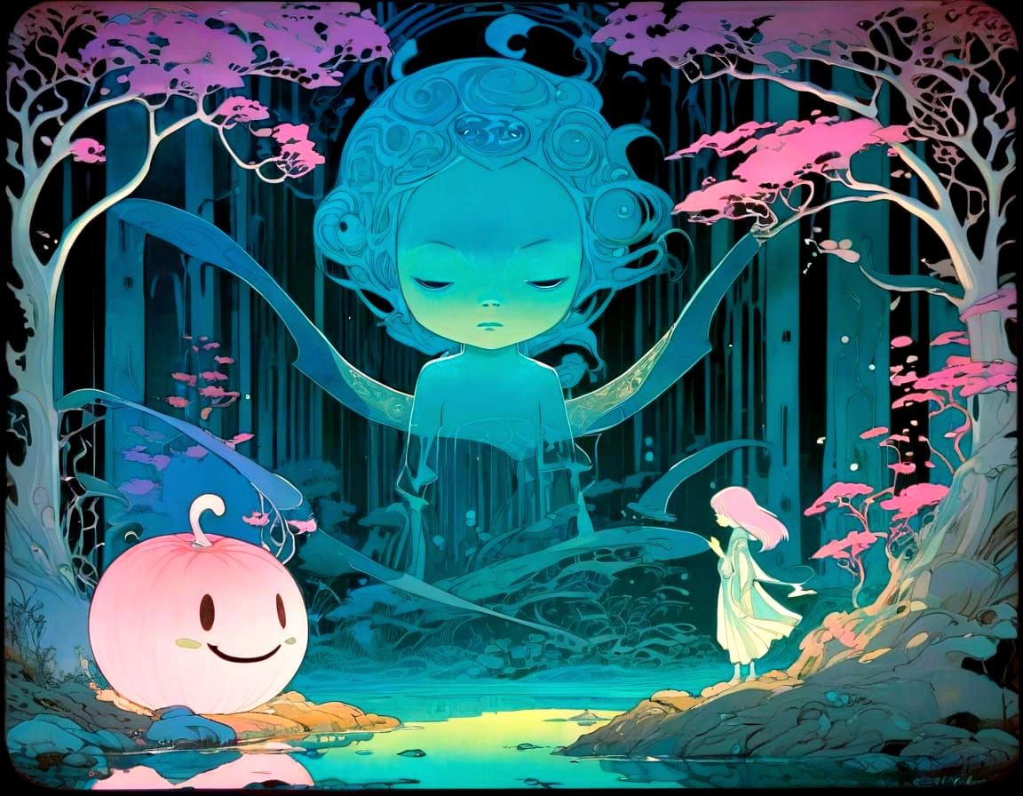 Dreamy Celestial Landscape with Ethereal Figures