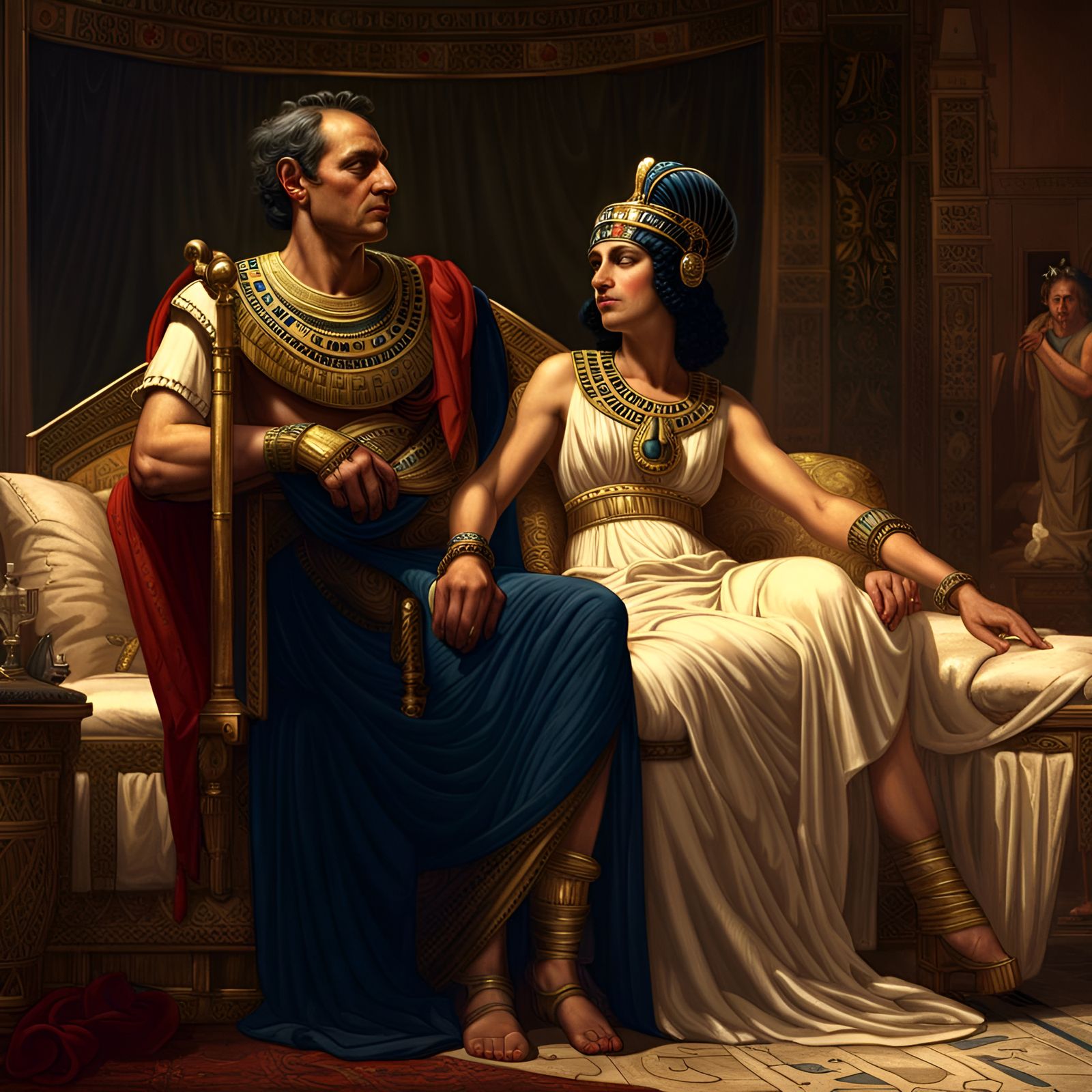 Julius Caesar, spending an evening with the beautiful Egyptian royal Cleopatra