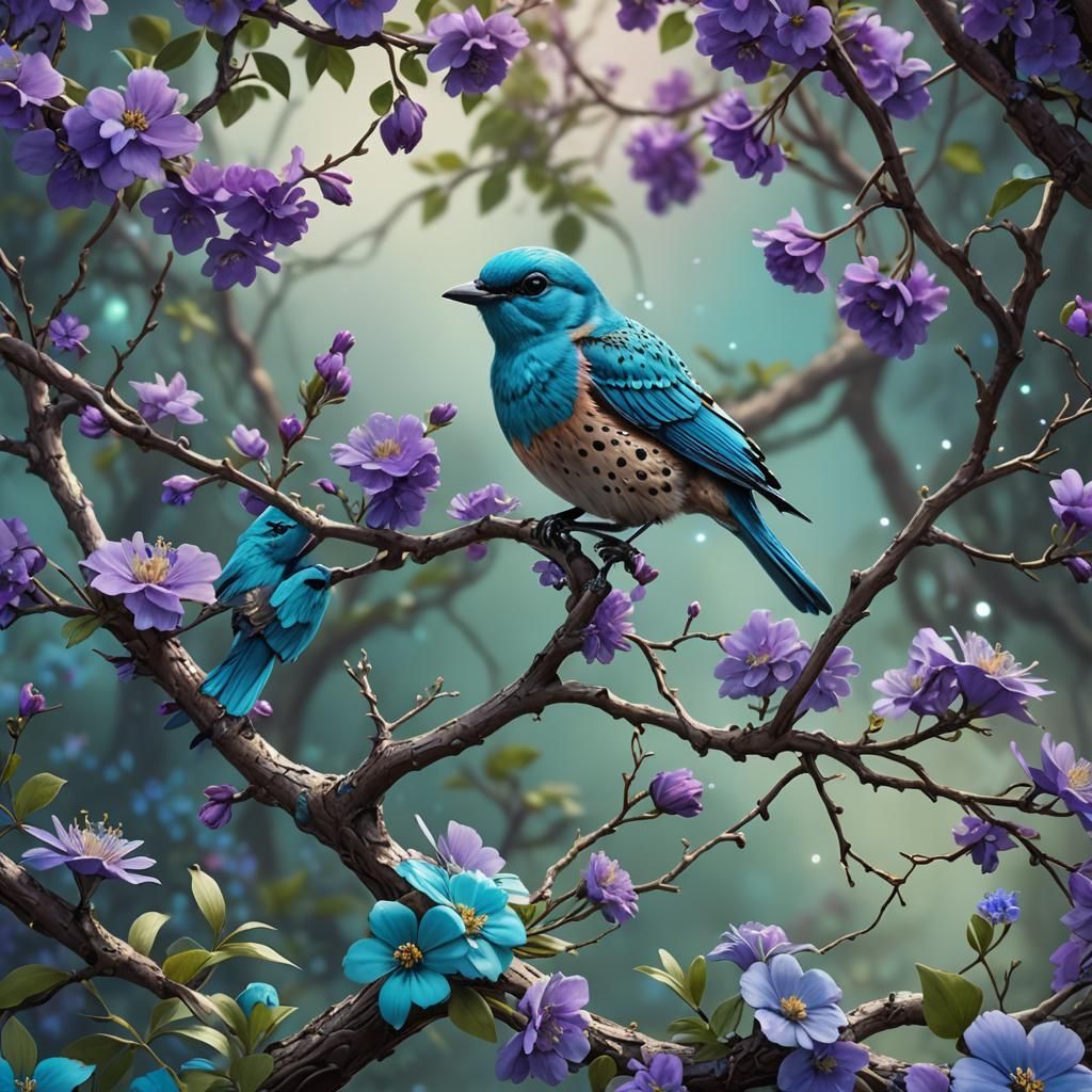 Turquoise Bird with Purple Flowers: Fantasy Art
