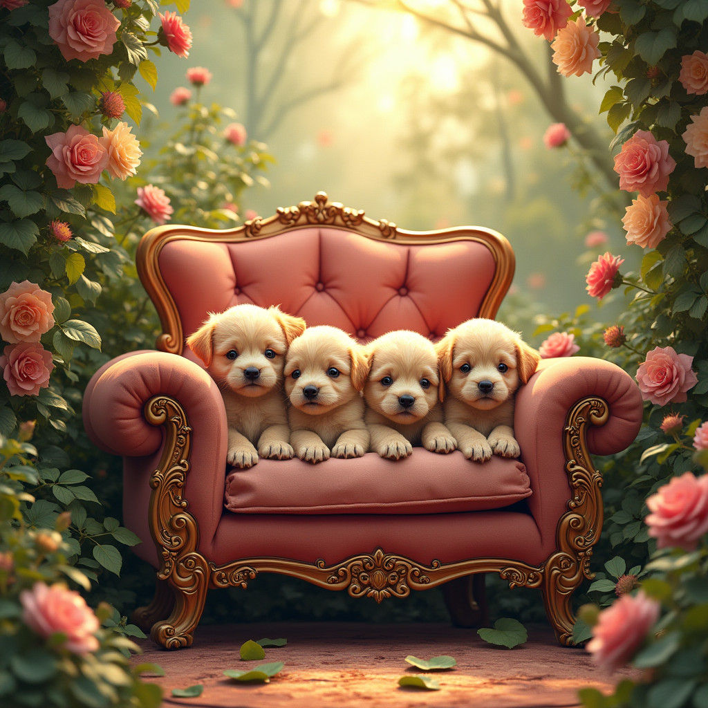 Puppies in a Mystical Garden: Watercolor Dreamscape