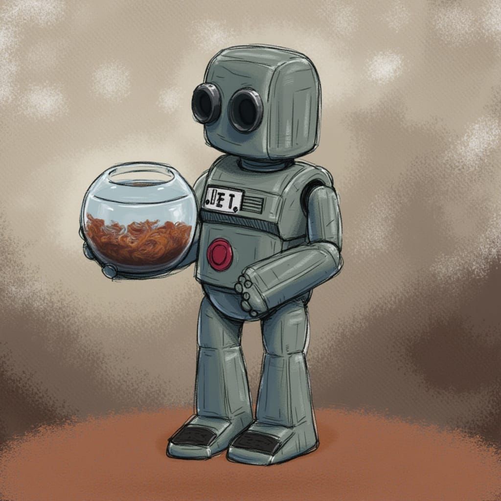 Cute Robot Holding a Fishbowl