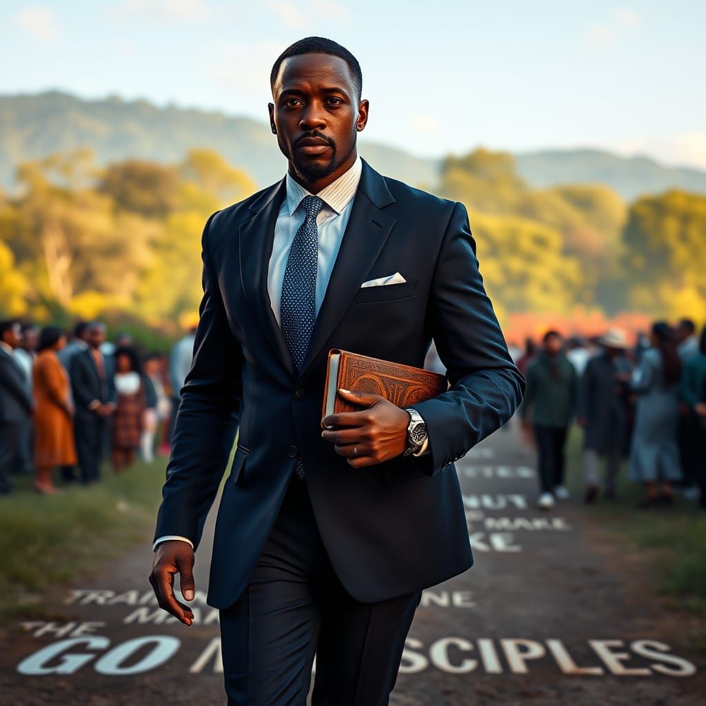 Hyperrealistic Scene of a Black Man Walking Towards a Divers...