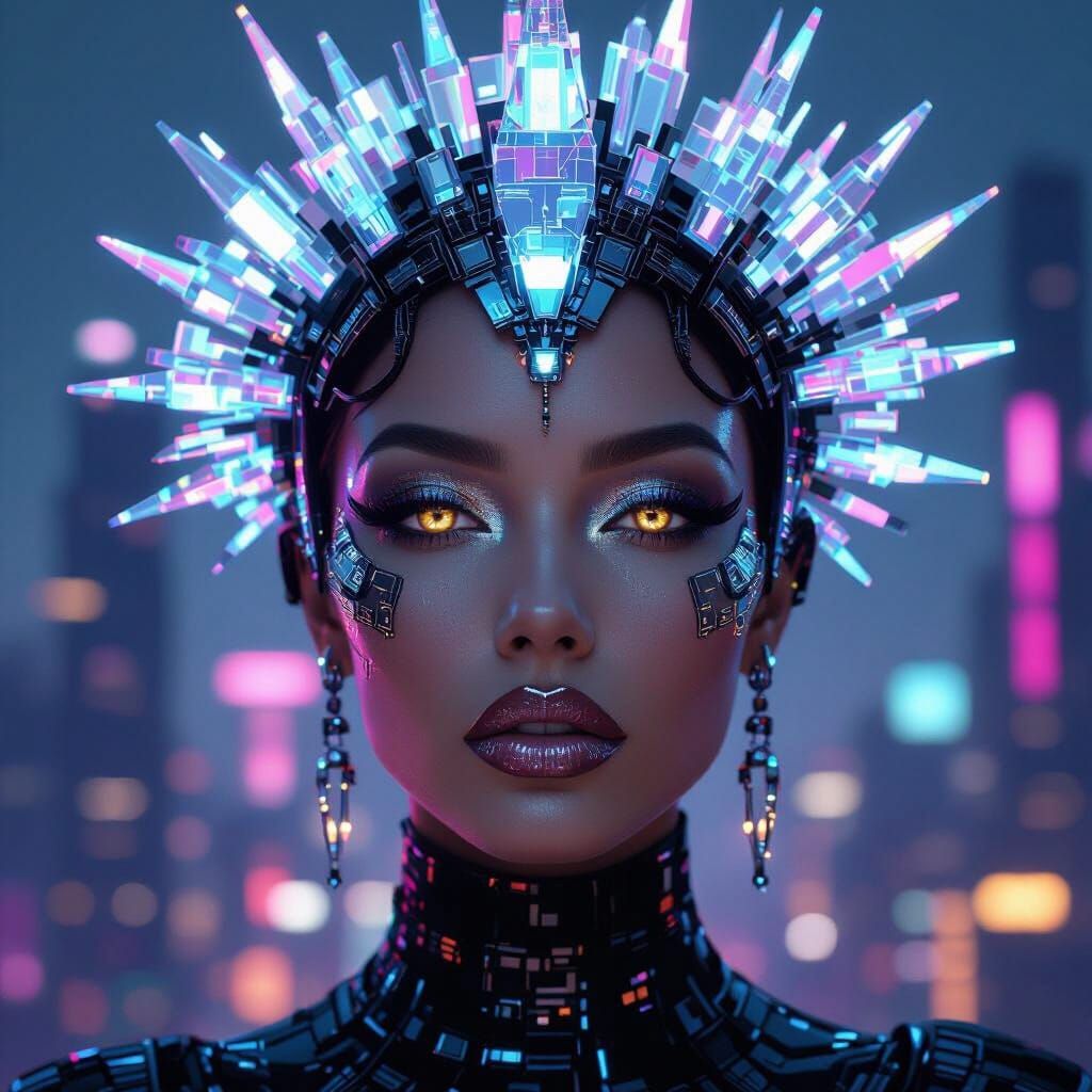 Cybernetic Woman with Neon Lights in Digital Art Style