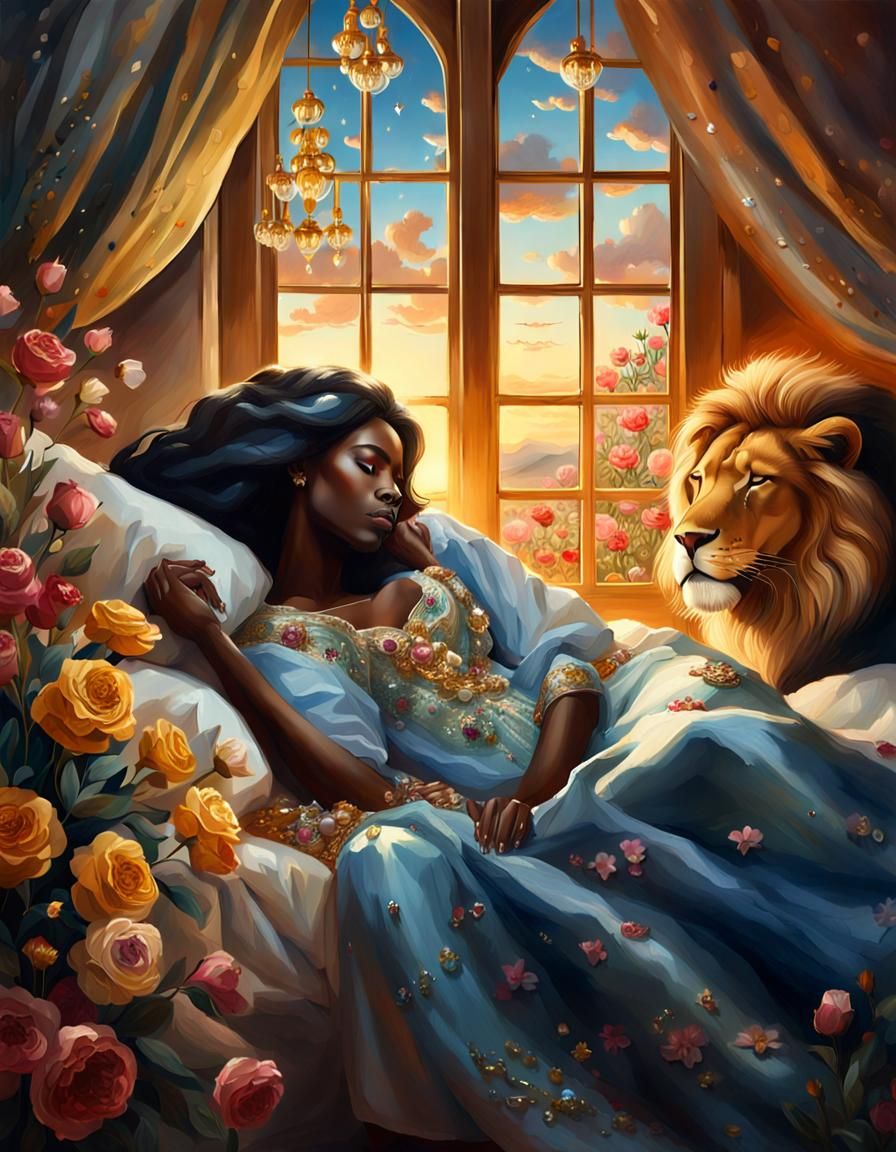 Woman Sleeping with Lion: Hyperrealistic Portrait