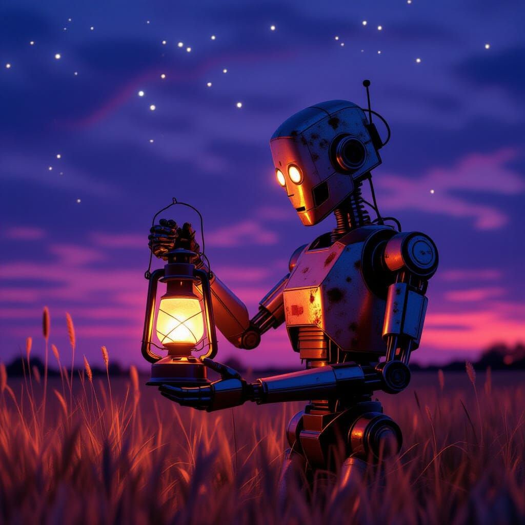 Cinematic. A lone, weathered robot stands in a field of tall...