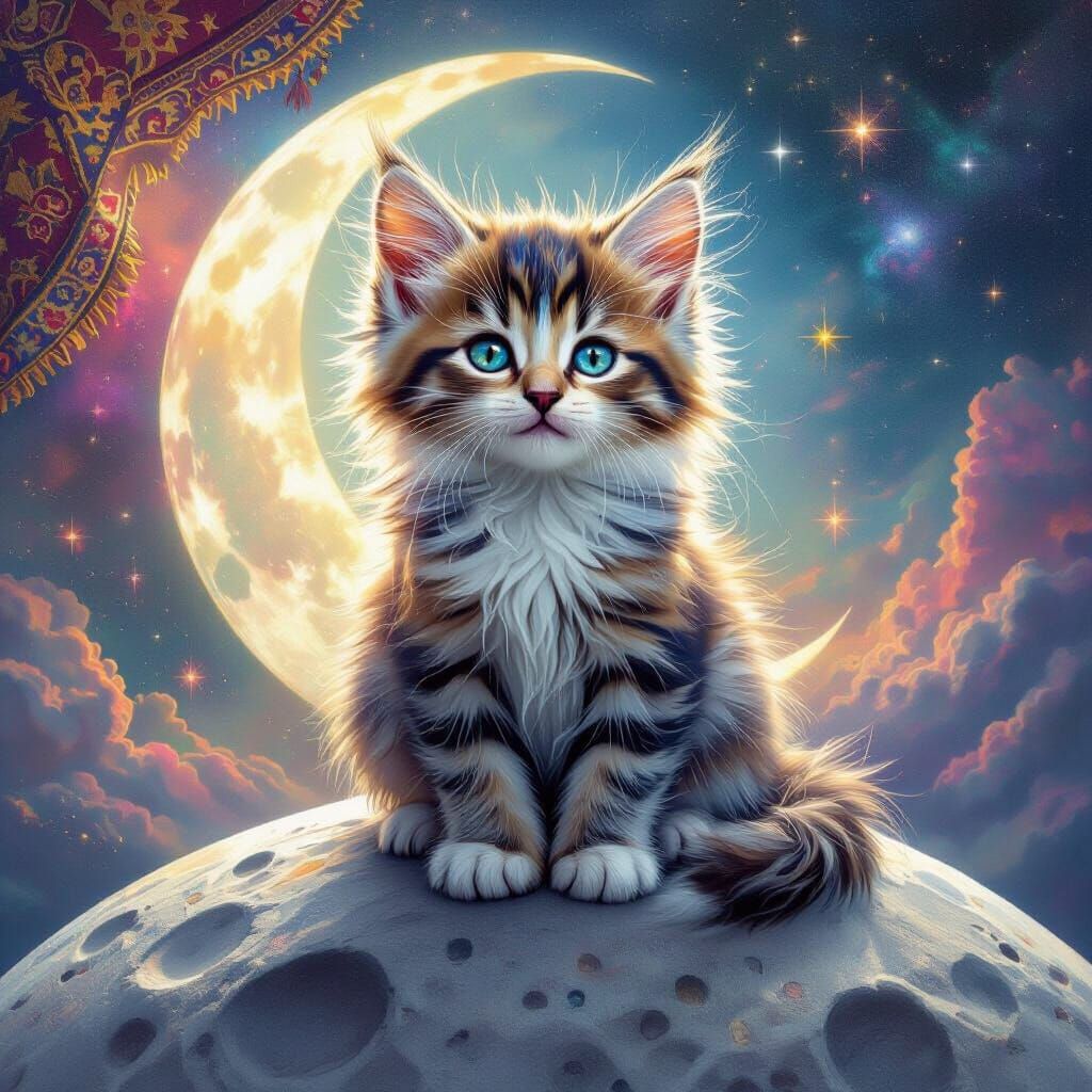 Cosmic Kitten on Moon in Surreal Tapestry Background