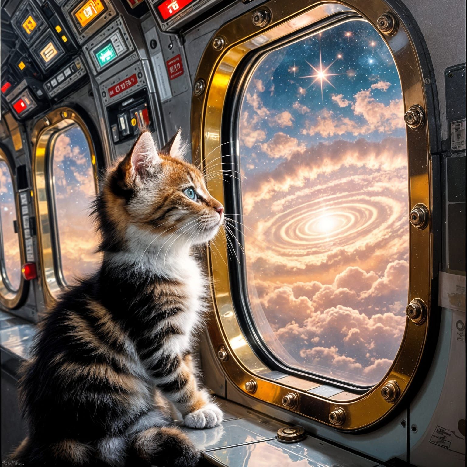 Vibrant Kitten Contemplates Cosmic Horizon in a Futuristic S...