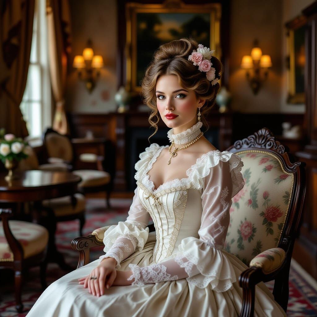 Victorian Woman in Floral Hairstyle, Nostalgic Portrait