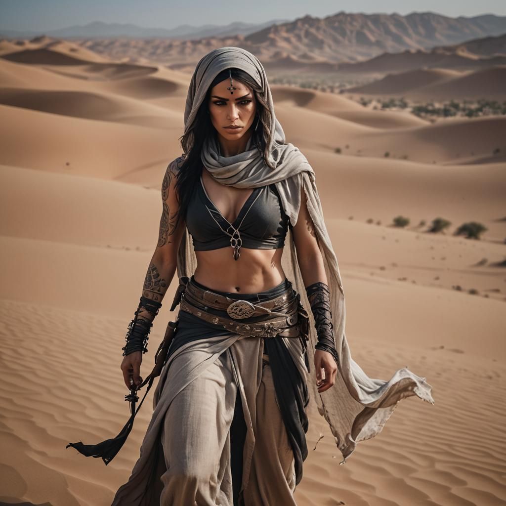 Arabian Assassin in Morocco Desert: Cinematic Still