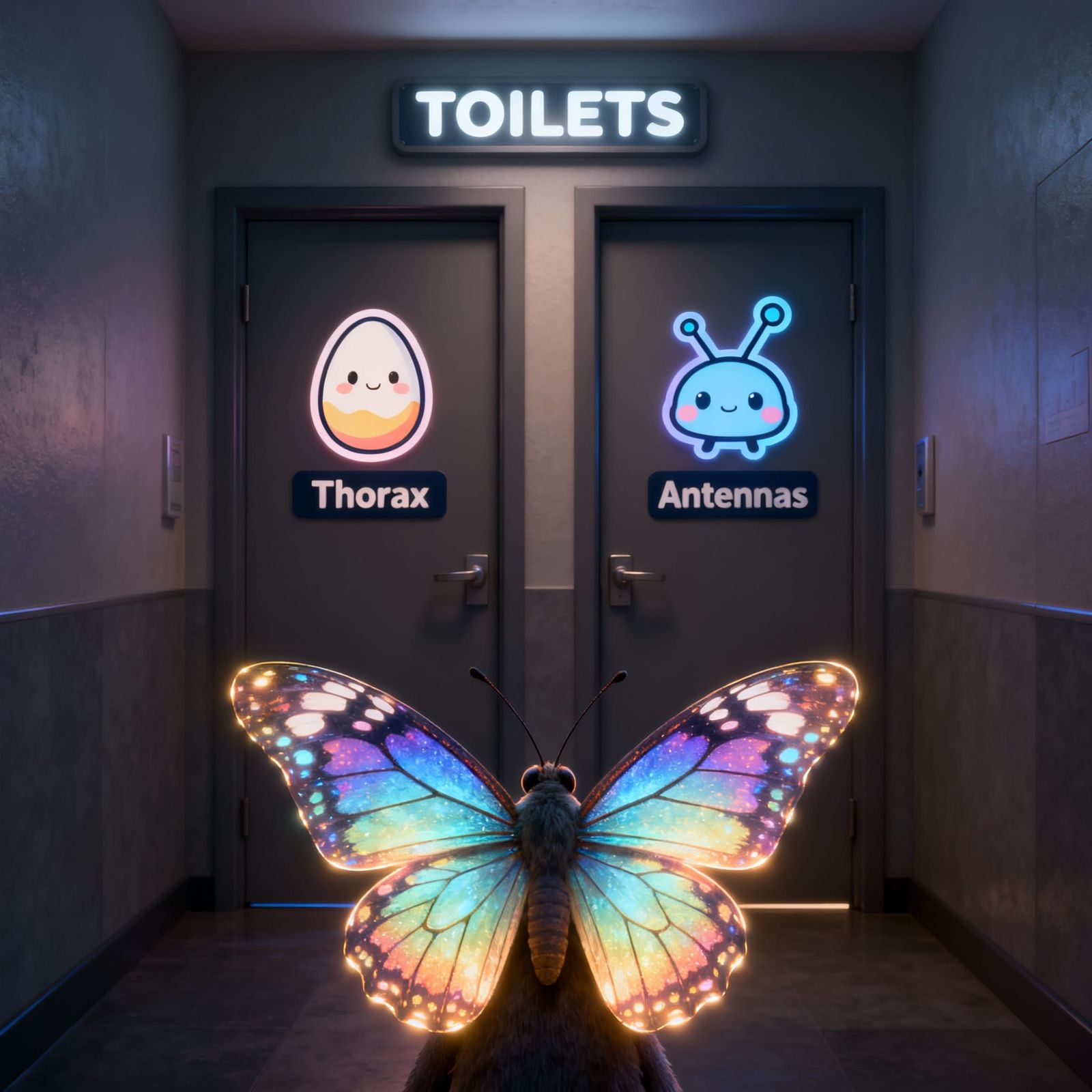 Butterfly Wings and Themed Doors with Toilet Signs