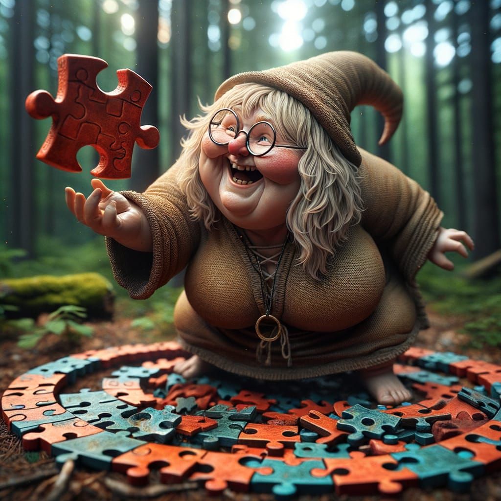 Baba Yaga Inspired Witch Plays with Jigsaw Puzzle