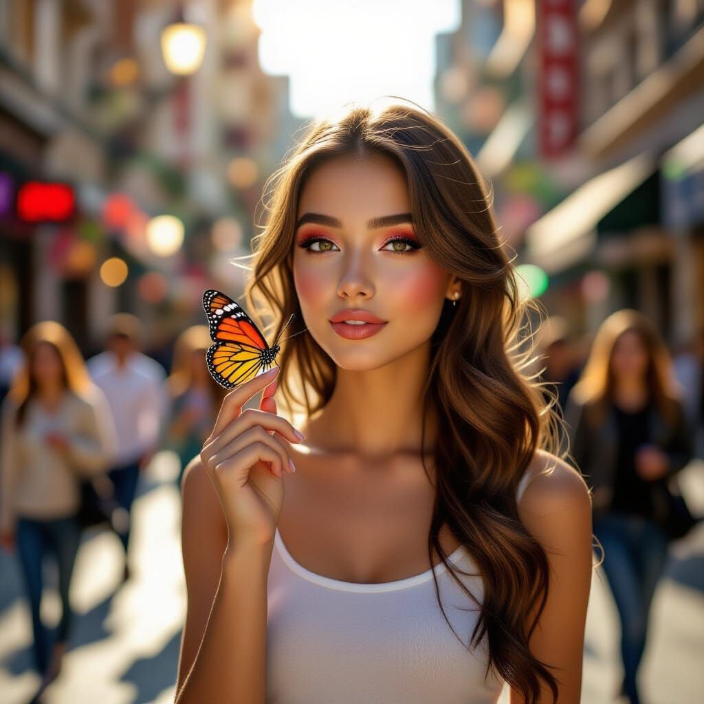 Teenager Kisses Butterfly in Realistic City Scene