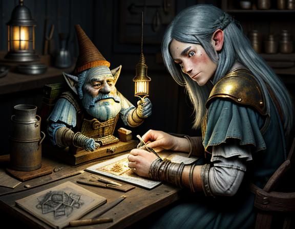 Gnome Repairs Automaton in Dark Fantasy Illustration