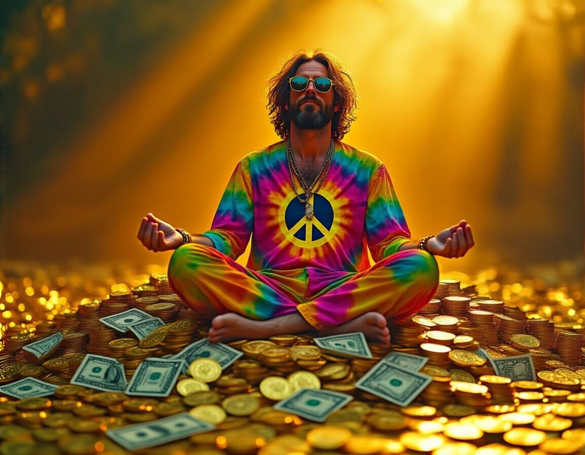 Man Meditating on Money and Gold in Vibrant Style