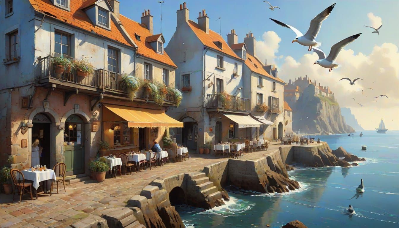 Seaside Village Digital Painting in Polychromatic Style