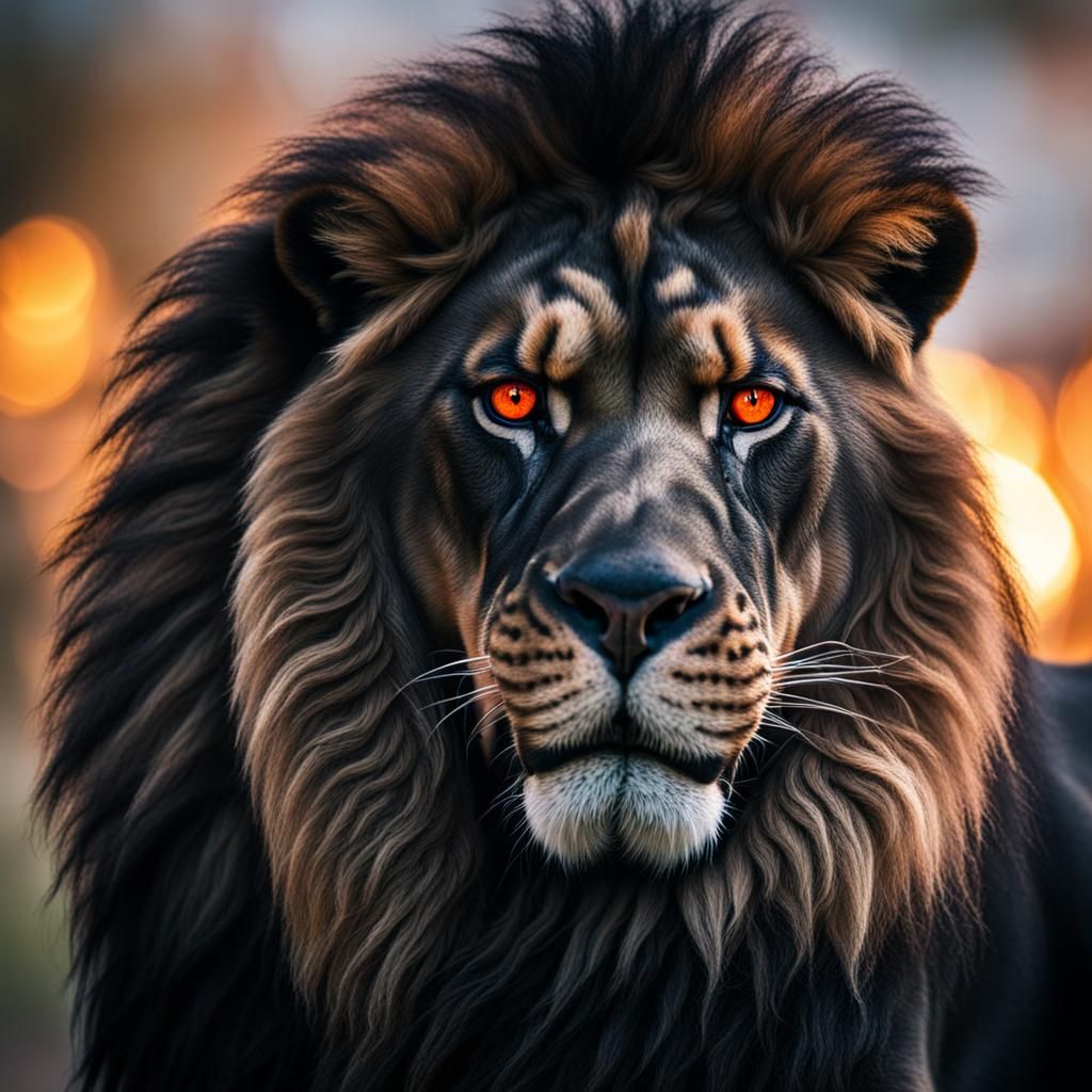 Black Lion Tattoo with Fire Orange Eyes