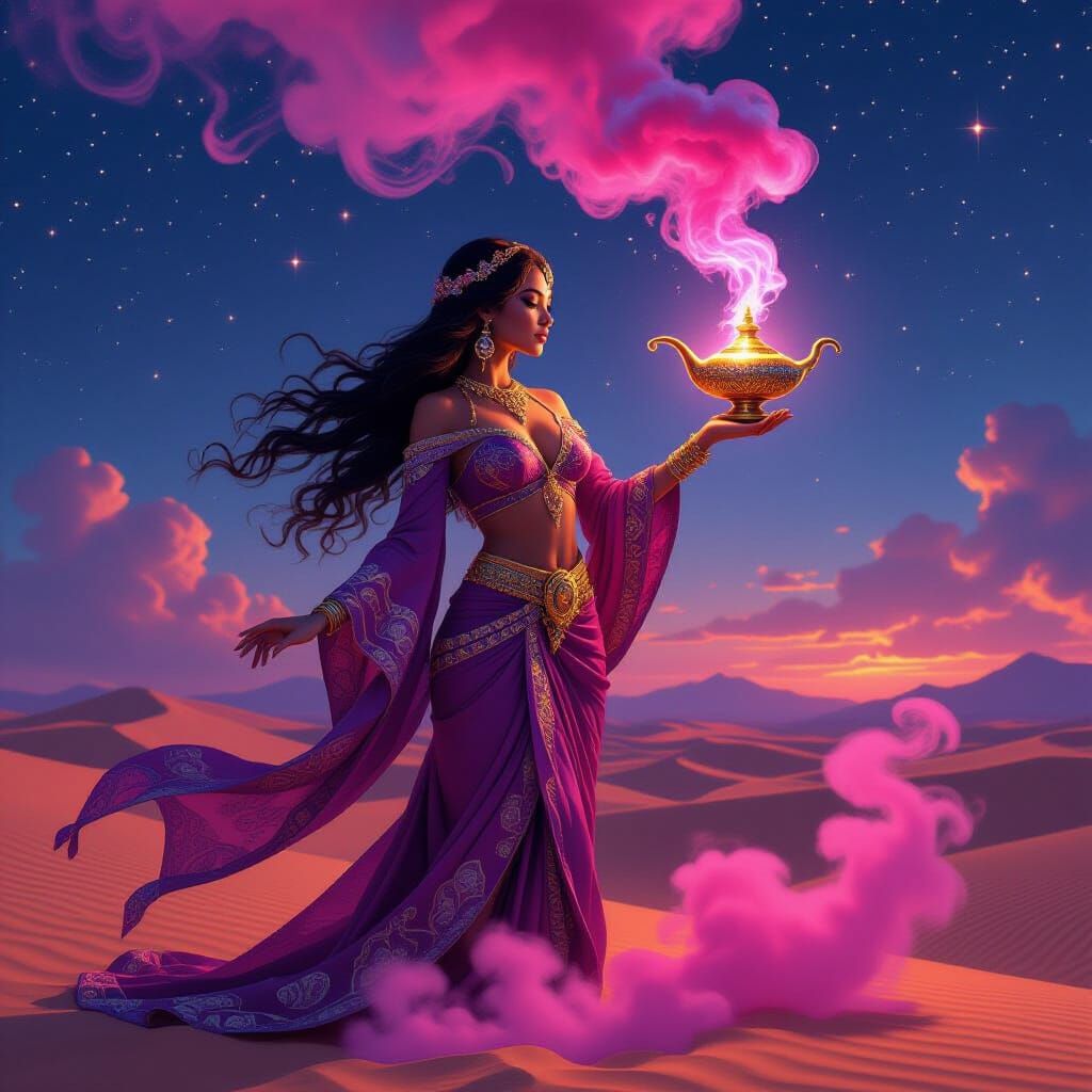 Arabian Genie with Magic Lamp in Art Nouveau Style