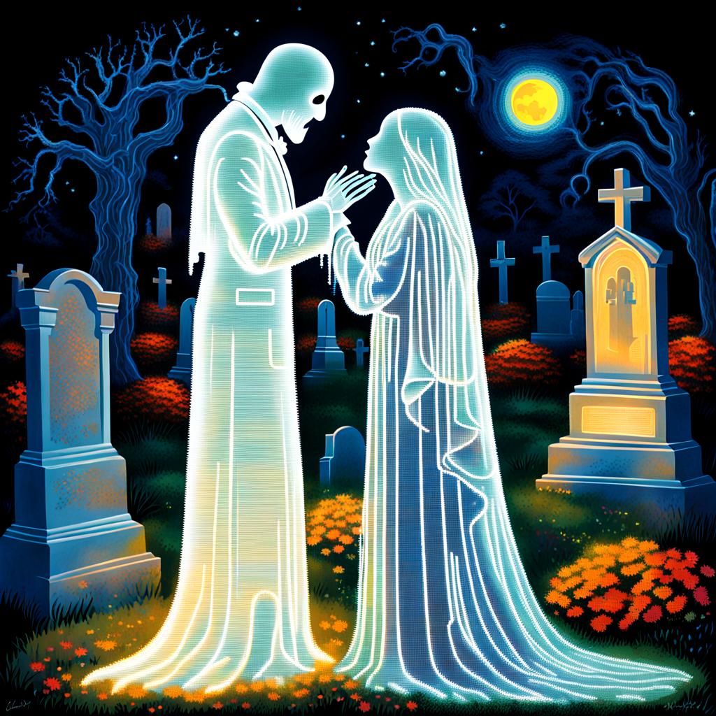 Ethereal Ghosts Embrace in Lite Brite Art