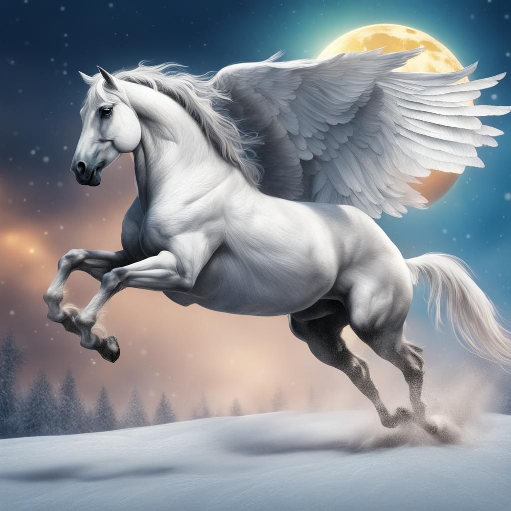 Pegasus Flies Past Moon: Hyperrealistic Splash Art