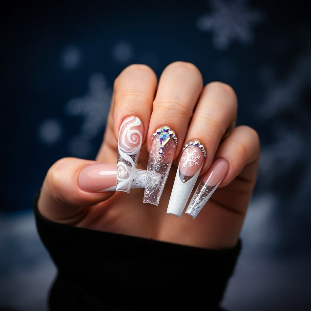 Festive Flared Nail Art with Glittering Silver Swirls