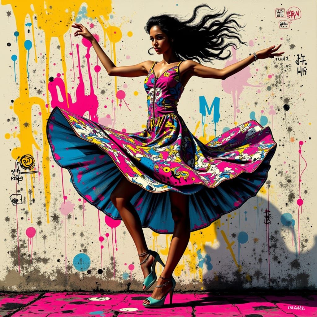 Retro Dancer in Graffiti Art Style Pirouette