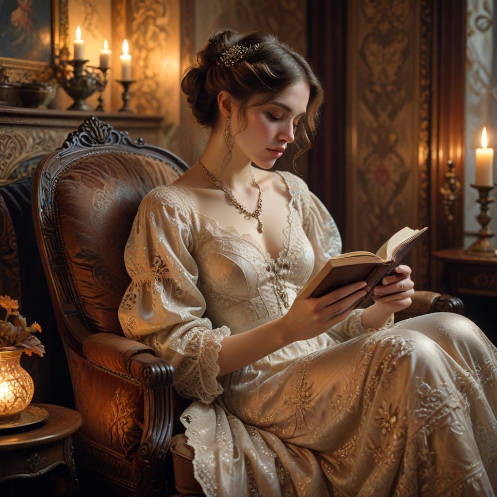 Victorian Woman Reading by Candlelight