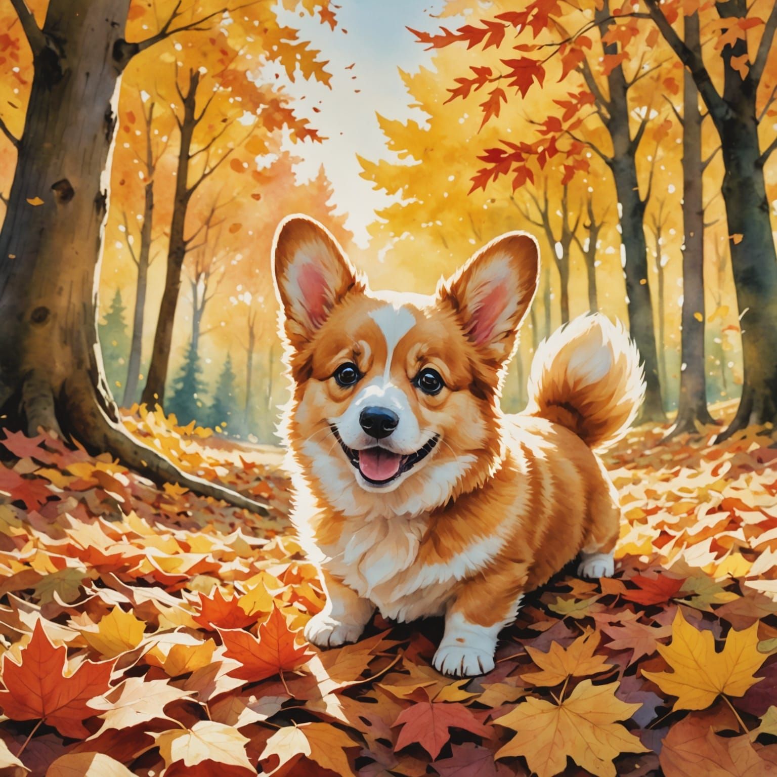 Fluffy Corgi Puppy Joyfully Dives Into Autumn Leaves