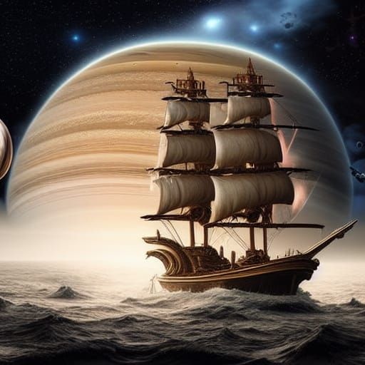 Pirate Ship Soaring Through Space in Digital Painting